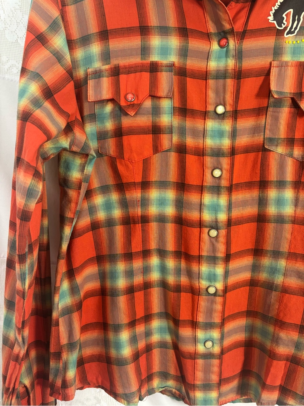 Orange Plaid Beaded Embellished Cowgirl Western Pearl Snap Button Up Size S - Picture 9 of 14